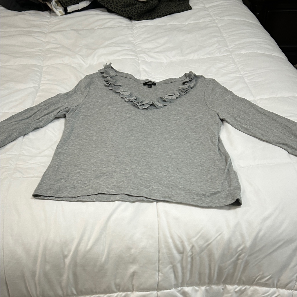 Talbots Light Gray Long-Sleeve Ruffle V-Neck Top